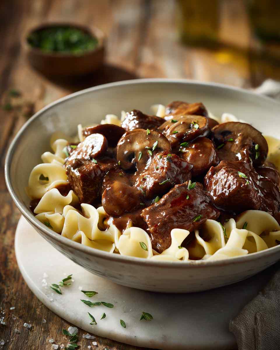 Savory Beef Burgundy with Mushrooms over Egg Noodles