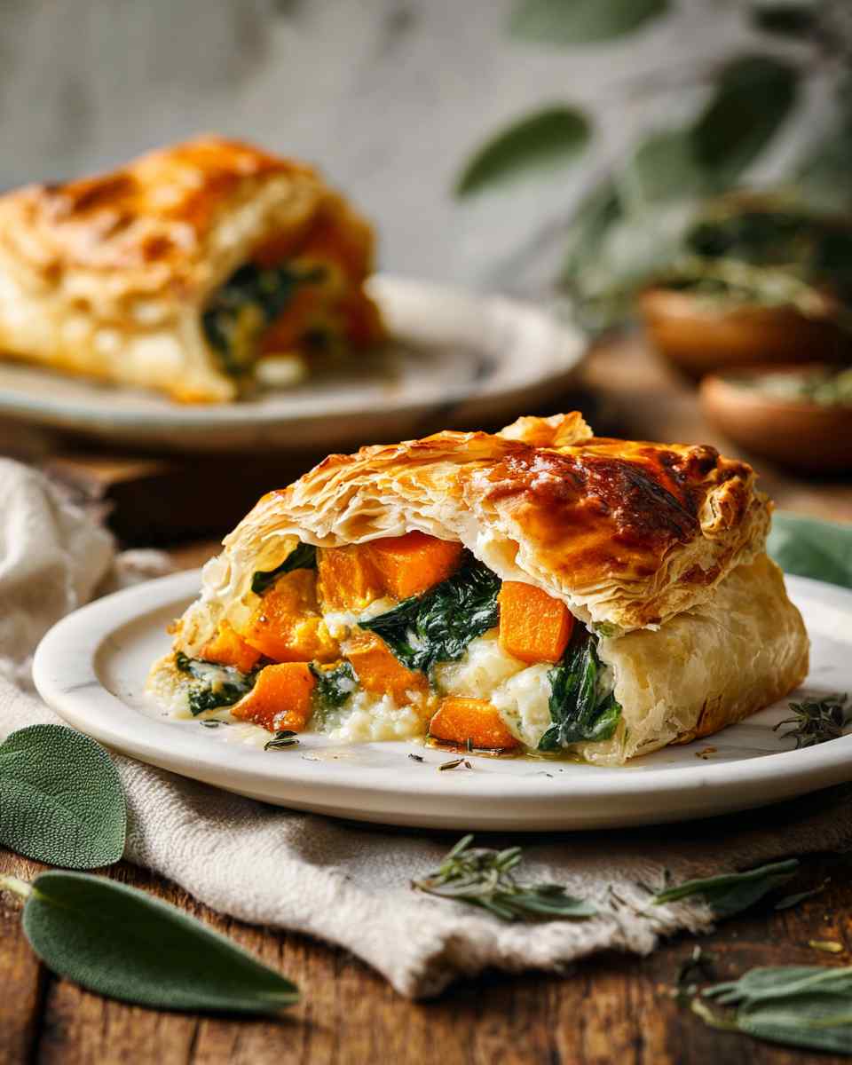 Savory Butternut Squash and Spinach Puff Pastry Pie