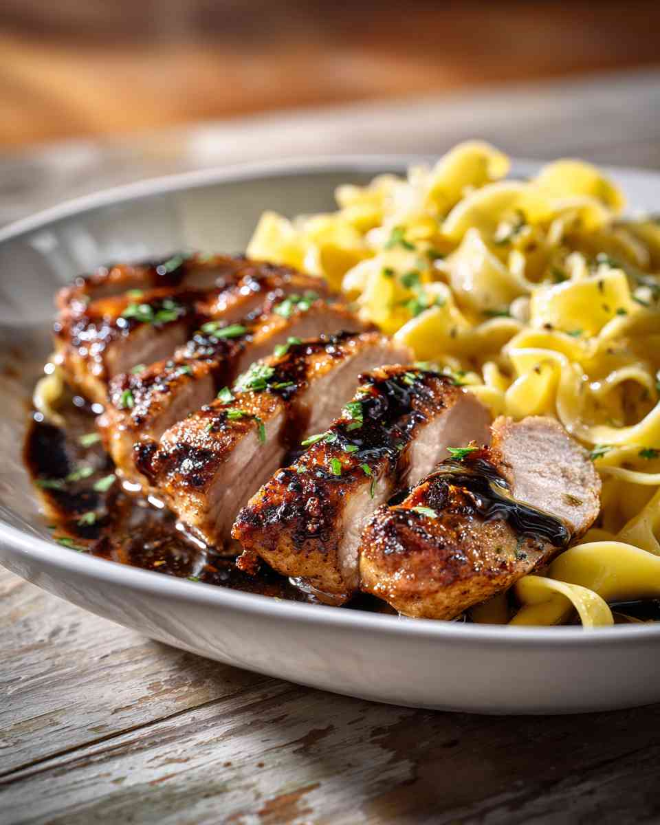 Seared Balsamic Pork Scallopine with Buttery Egg Noodles