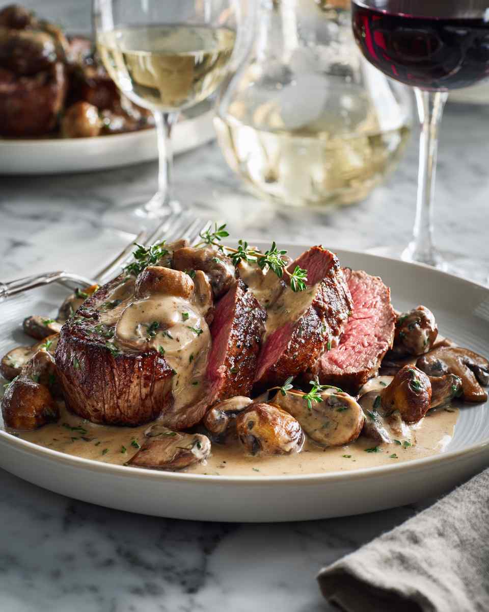 Seared Beef Tenderloin Steaks with Creamy Mushroom Sauce
