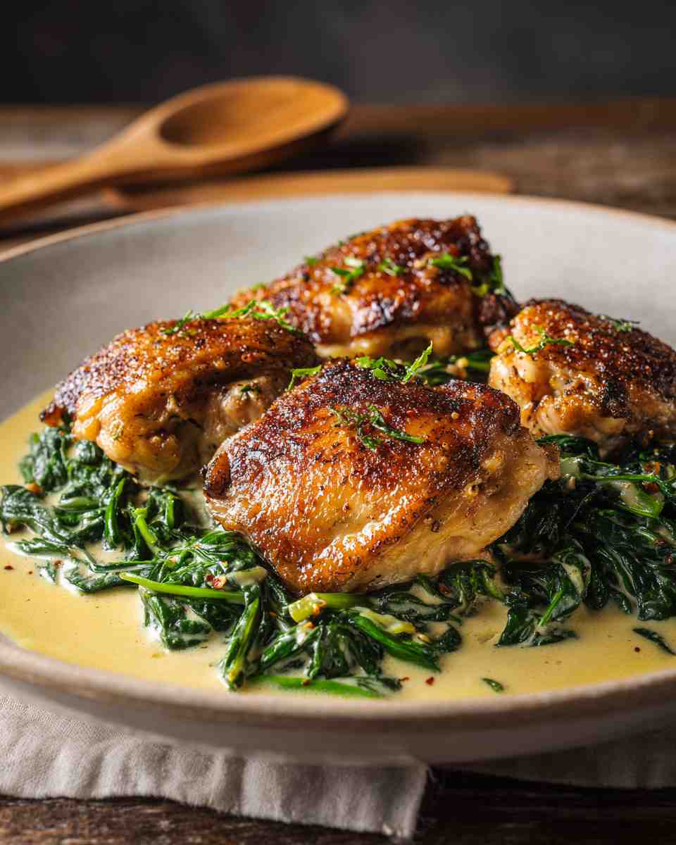 Seared Chicken Thighs with Creamy Shallot Spinach Sauce