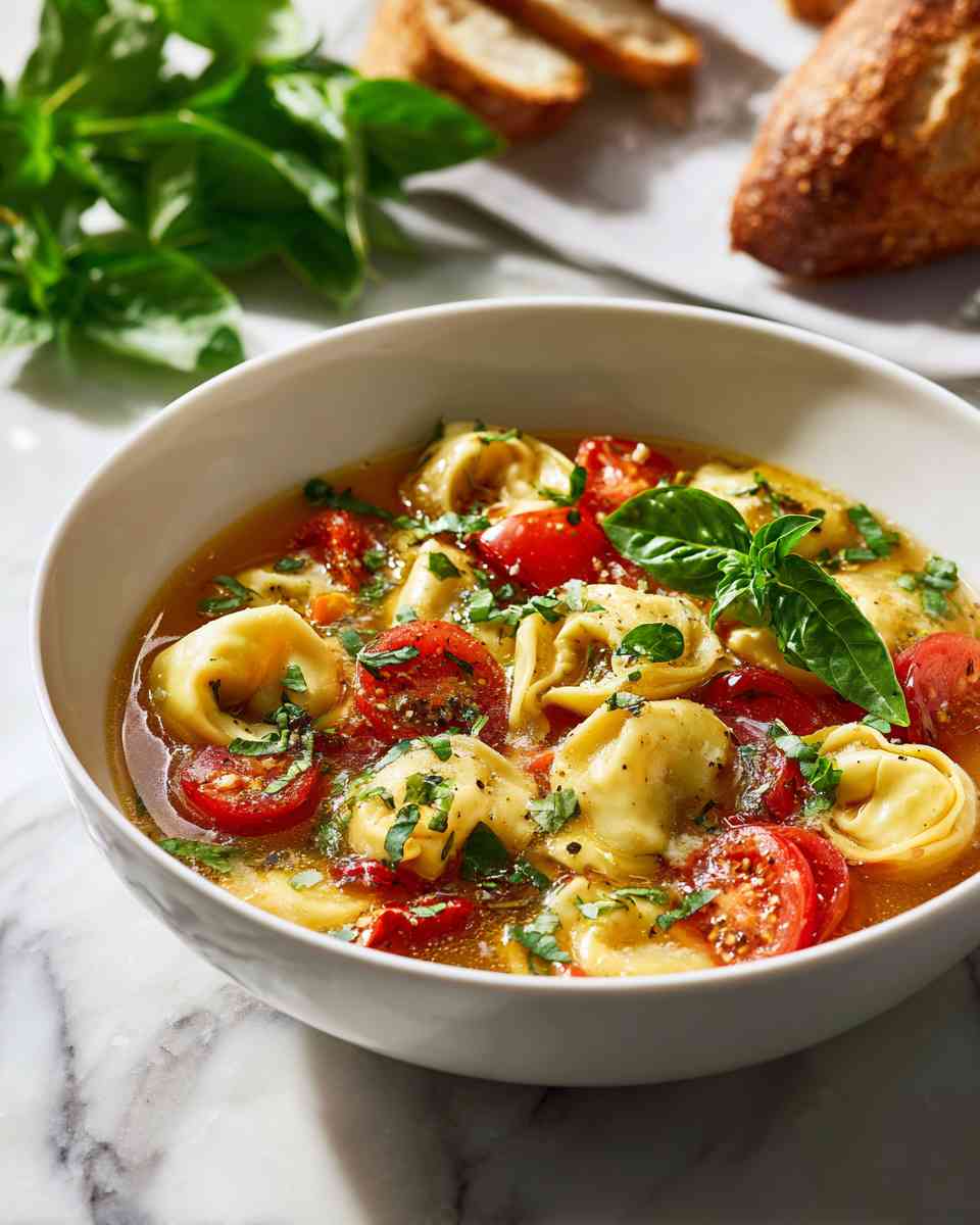Simmered Cheese Tortellini Soup with Basil and Tomato