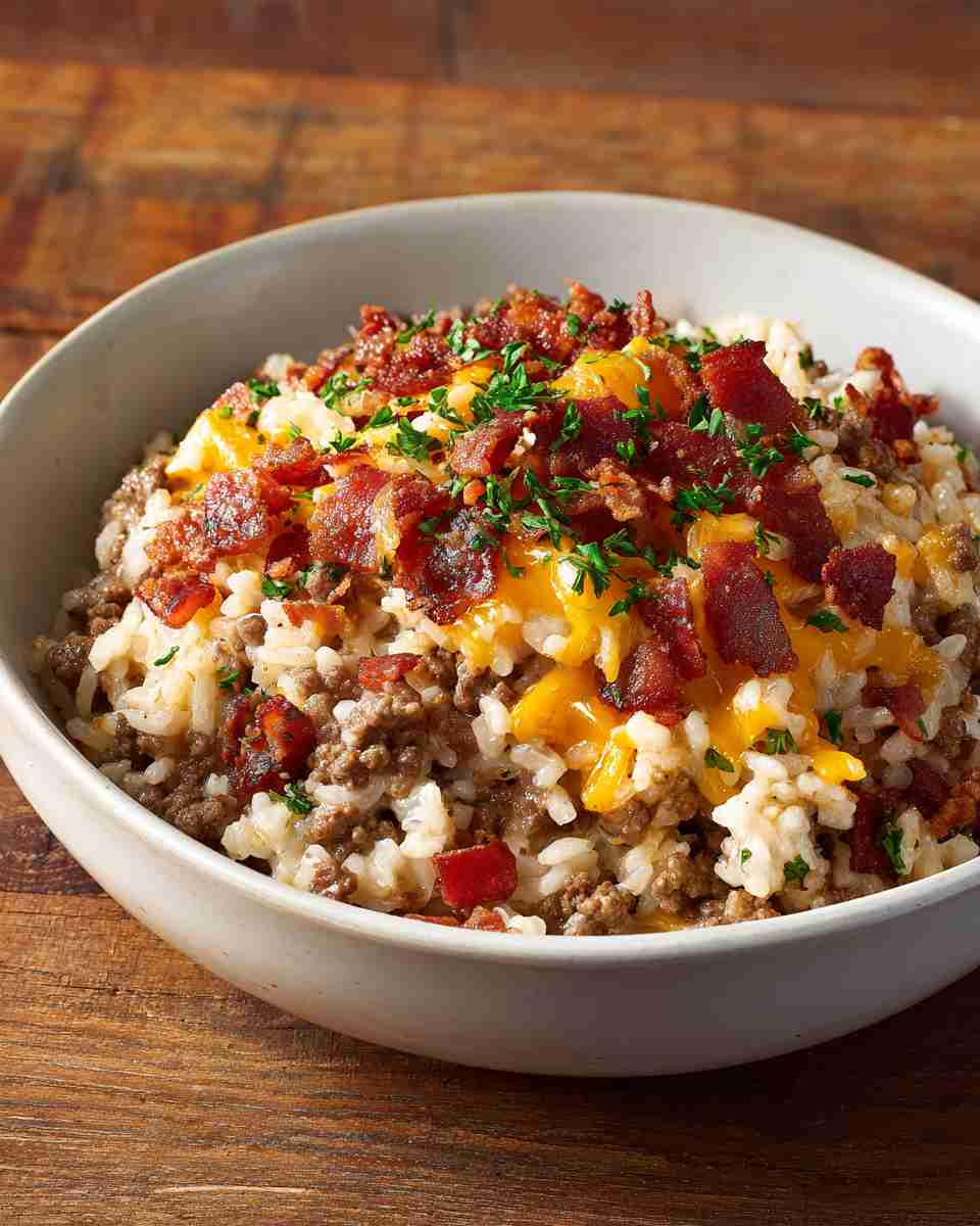 Skillet Bacon Cheeseburger Rice Casserole