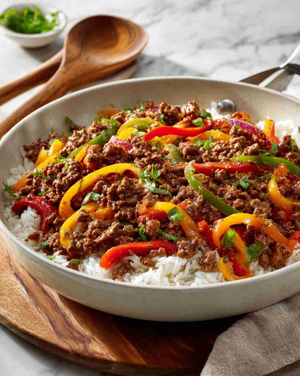 Spicy Beef and Pepper Skillet with Mexican Rice