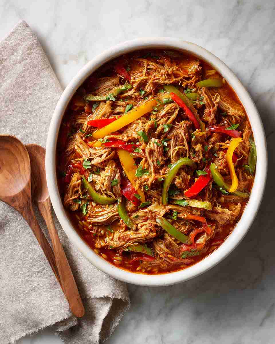 Spicy Pork Carnitas Bake with Orzo and Peppers in Red Mole Sauce