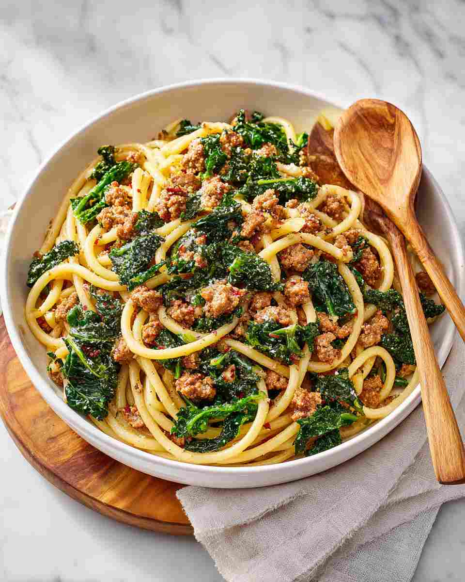 Spicy Sausage and Kale Bucatini Pasta