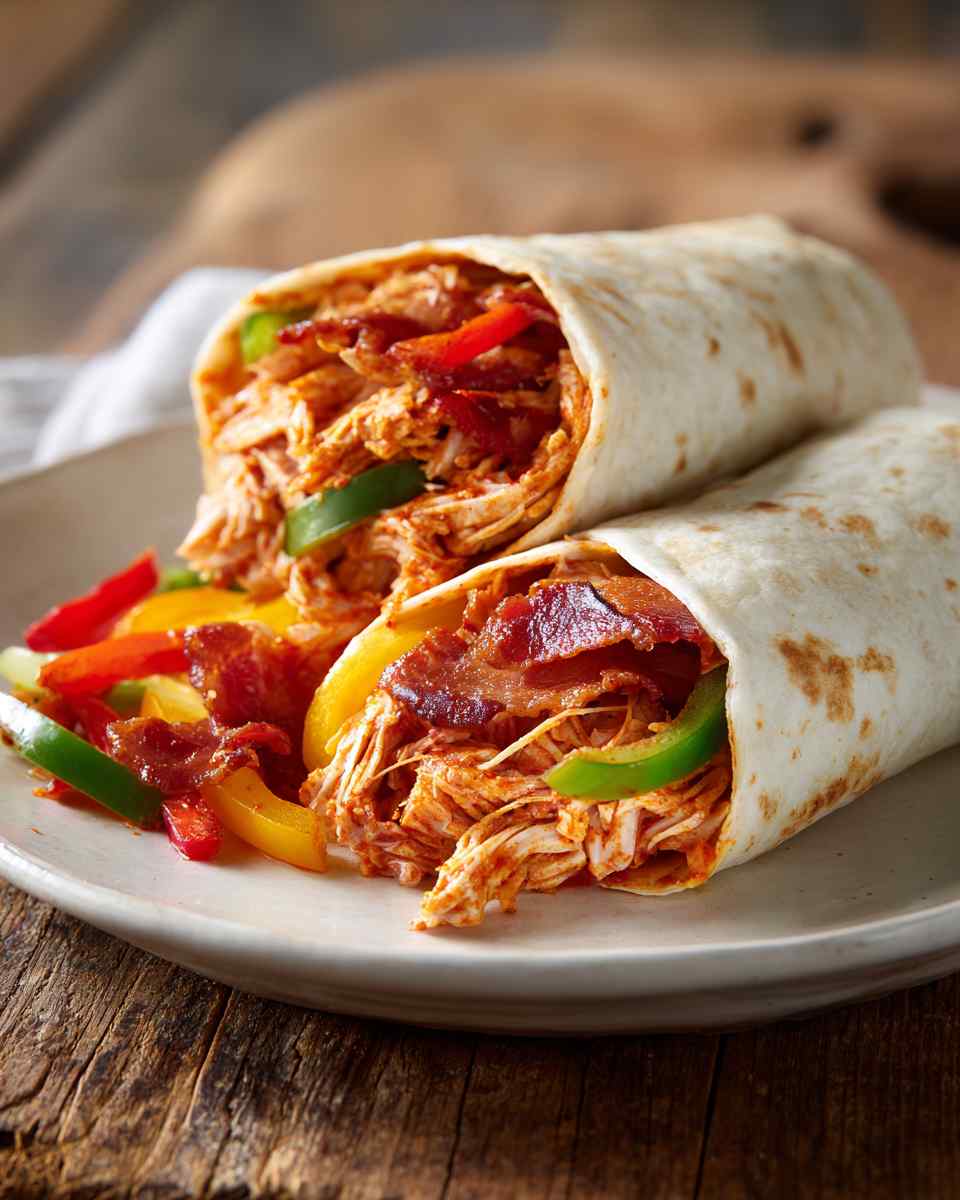 Spicy Shredded Buffalo Chicken Wraps with Bacon