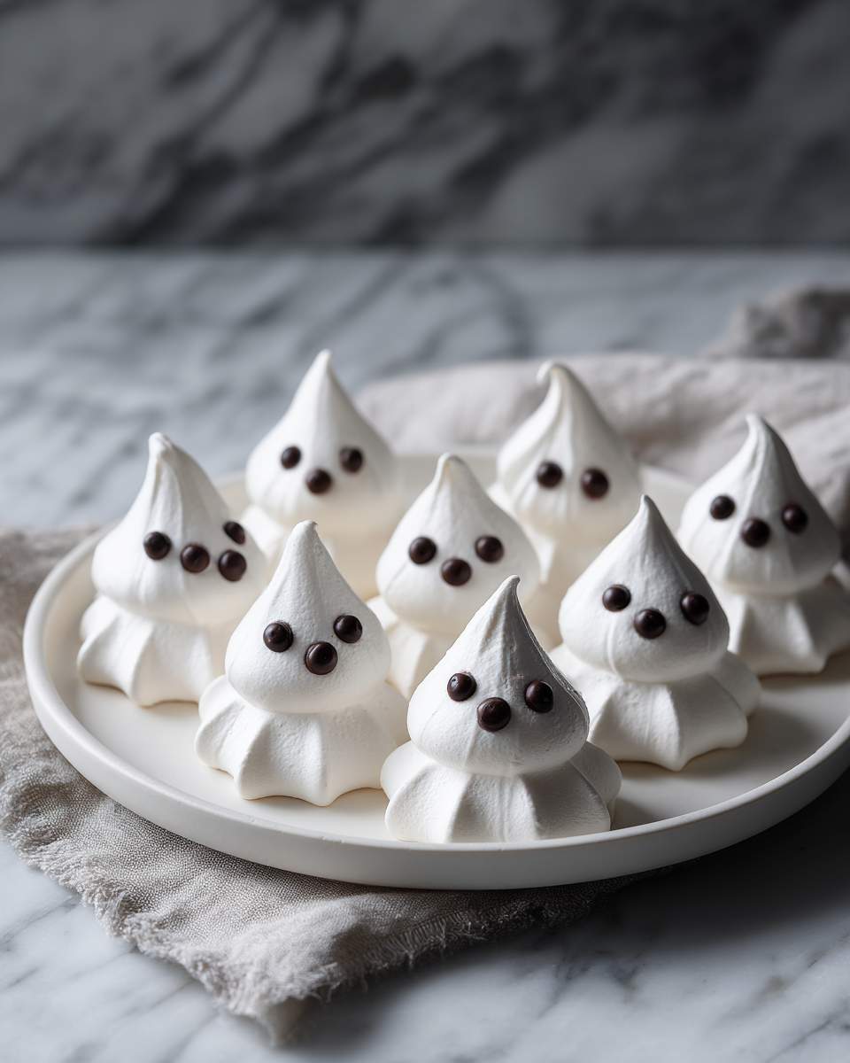 Spooky Meringue Ghosts with Chocolate Chip Eyes