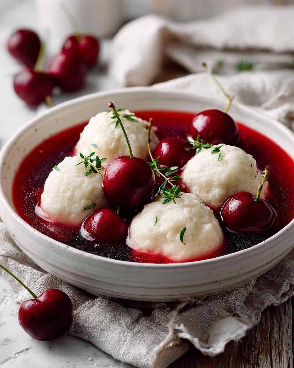 Warm Cherry Soup with Fluffy Dumplings