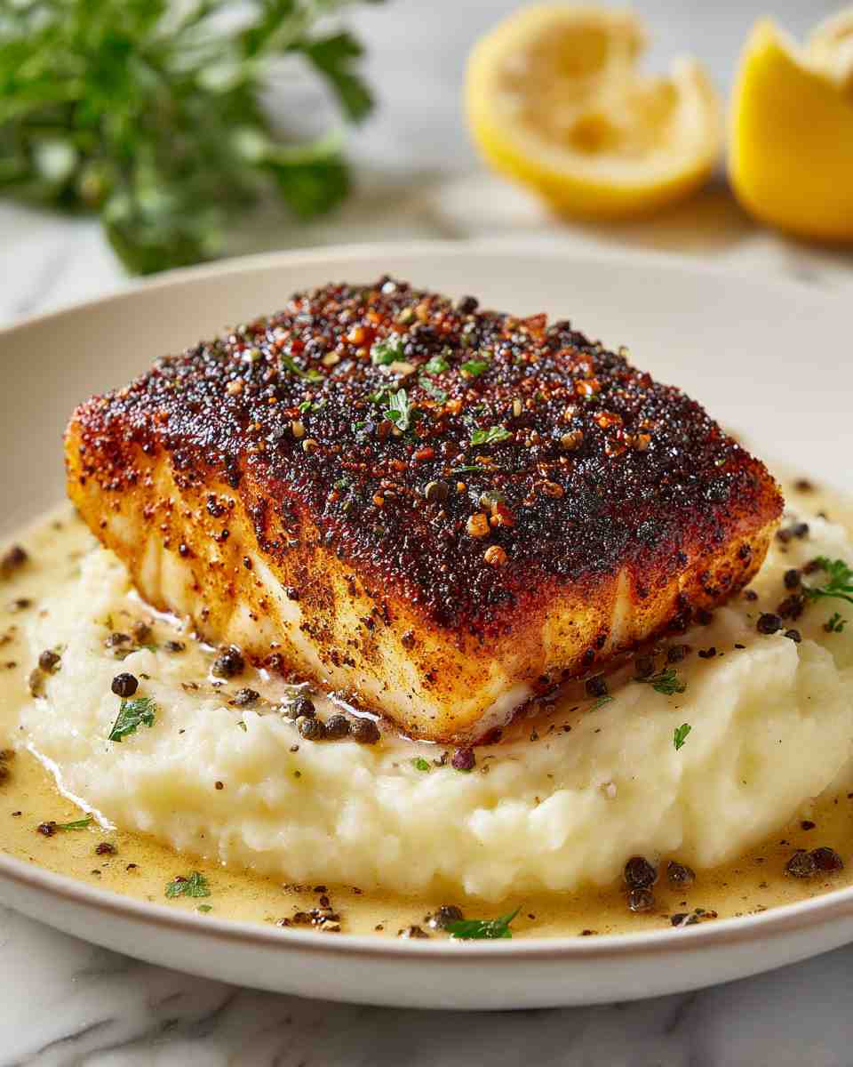 Zesty Blackened Halibut with Creamy Garlic Mashed Potatoes